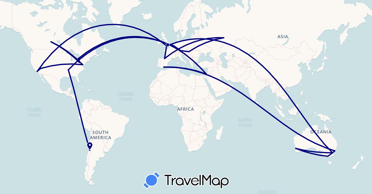 TravelMap itinerary: driving in Australia, Canada, Chile, Germany, Spain, United Kingdom, Hungary, Israel, Netherlands, Russia, United States (Asia, Europe, North America, Oceania, South America)